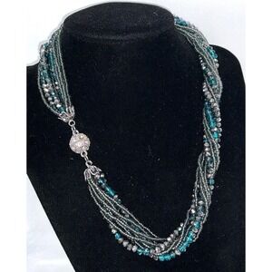 Premier Designs Teal Multi Strand Necklace Rhinestone Clasp Statement